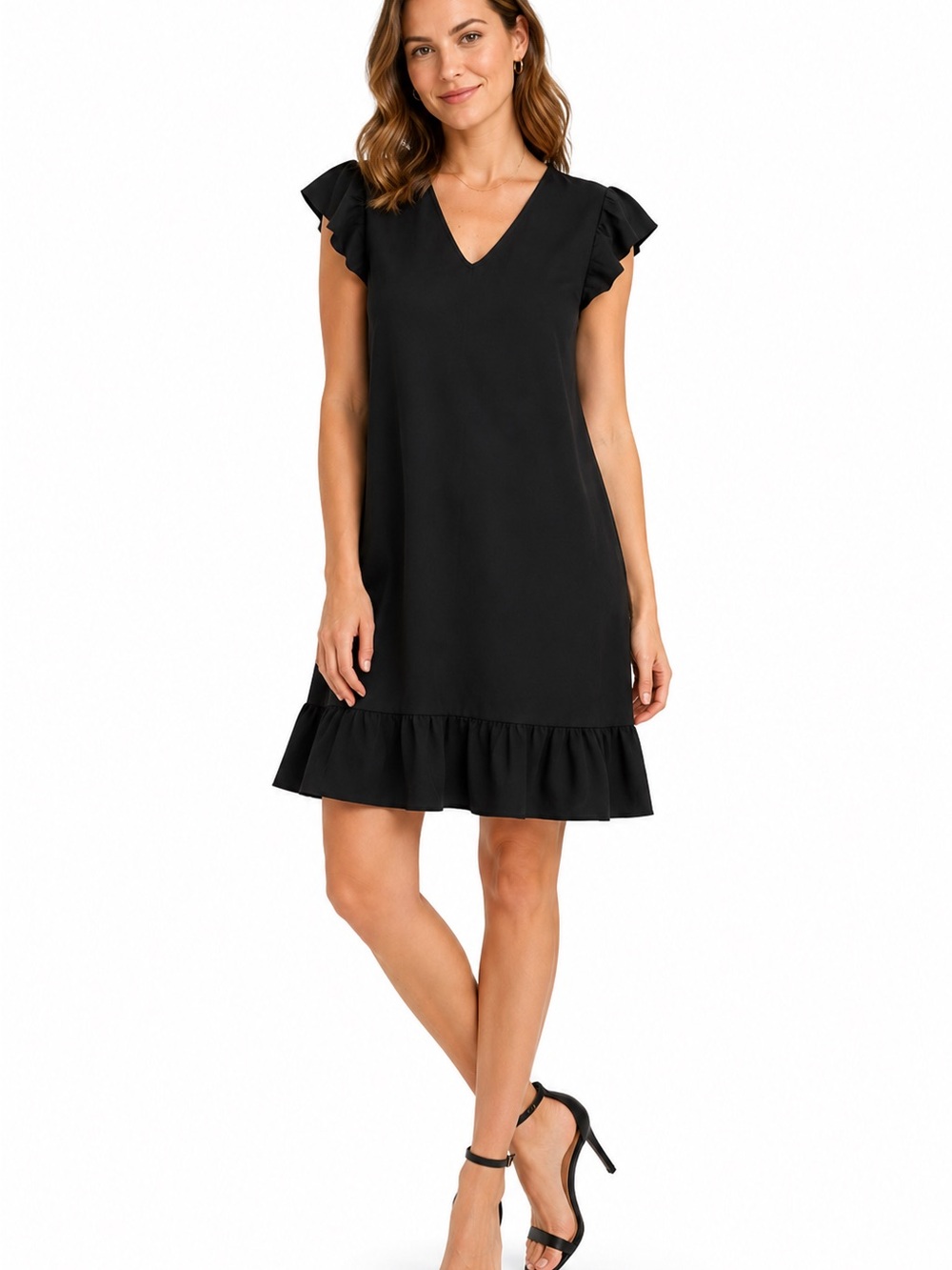 SHEIN Black V-Neck Ruffle Hem Dress